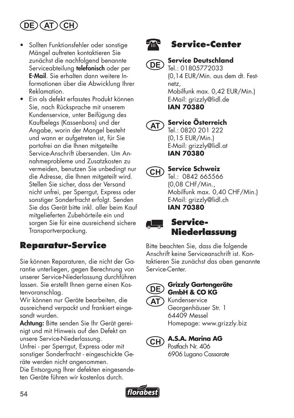 Reparatur-service, Service-center, Service- niederlassung | De at ch, De at at ch ch | Florabest FAH 18 B2 User Manual | Page 54 / 58