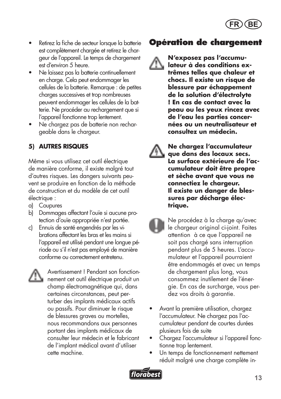 Opération de chargement, Fr be | Florabest FAH 18 B2 User Manual | Page 13 / 74
