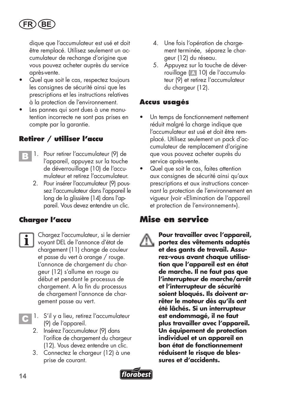 Mise en service, Fr be | Florabest FAH 18 B2 User Manual | Page 14 / 74