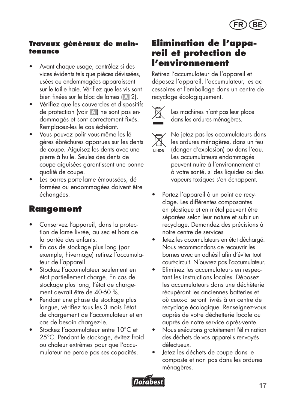 Rangement, Fr be | Florabest FAH 18 B2 User Manual | Page 17 / 74