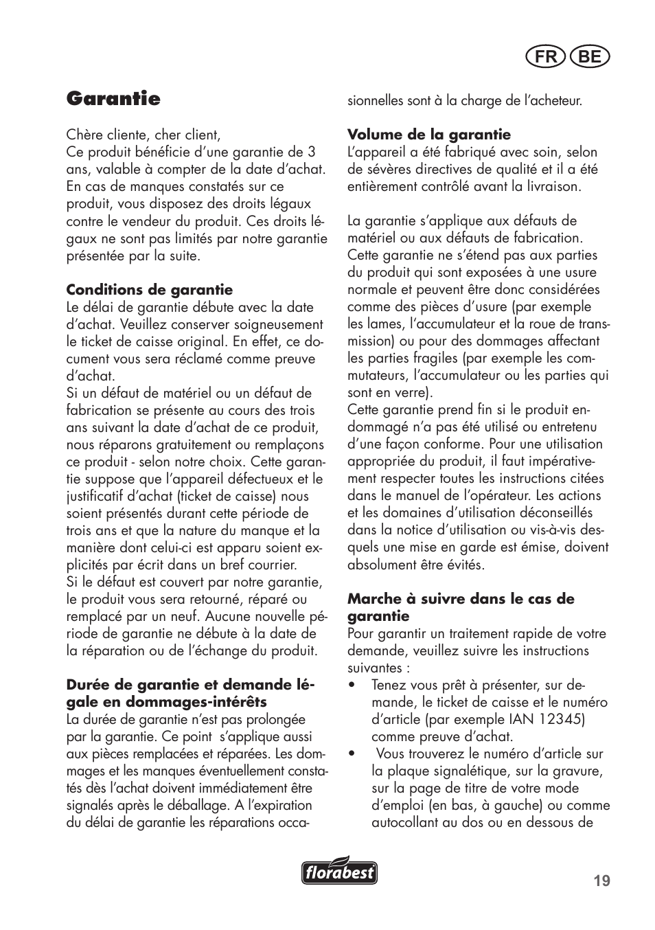 Garantie, Fr be | Florabest FAH 18 B2 User Manual | Page 19 / 74