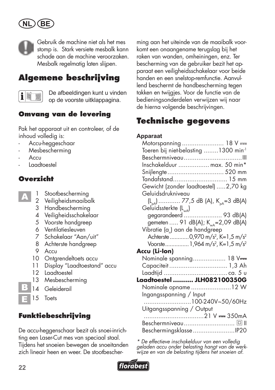 Algemene beschrijving, Technische gegevens, Nl be | Florabest FAH 18 B2 User Manual | Page 22 / 74