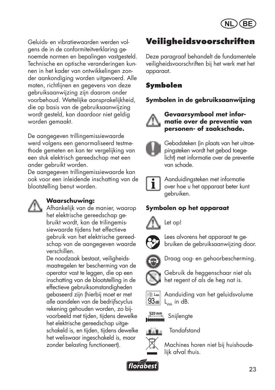Veiligheidsvoorschriften, Nl be | Florabest FAH 18 B2 User Manual | Page 23 / 74