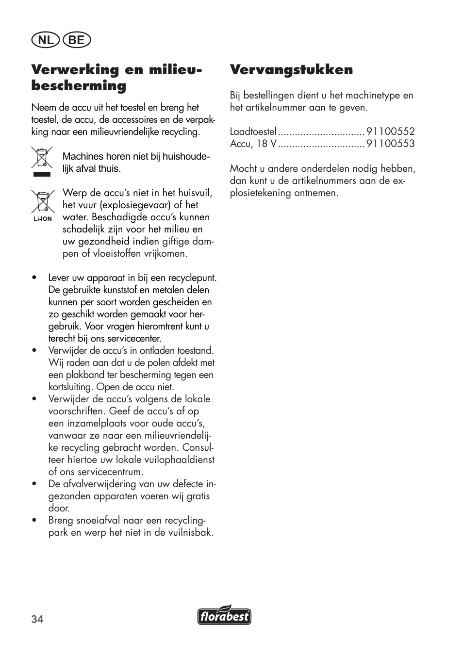 Verwerking en milieu- bescherming, Vervangstukken, Nl be | Florabest FAH 18 B2 User Manual | Page 34 / 74