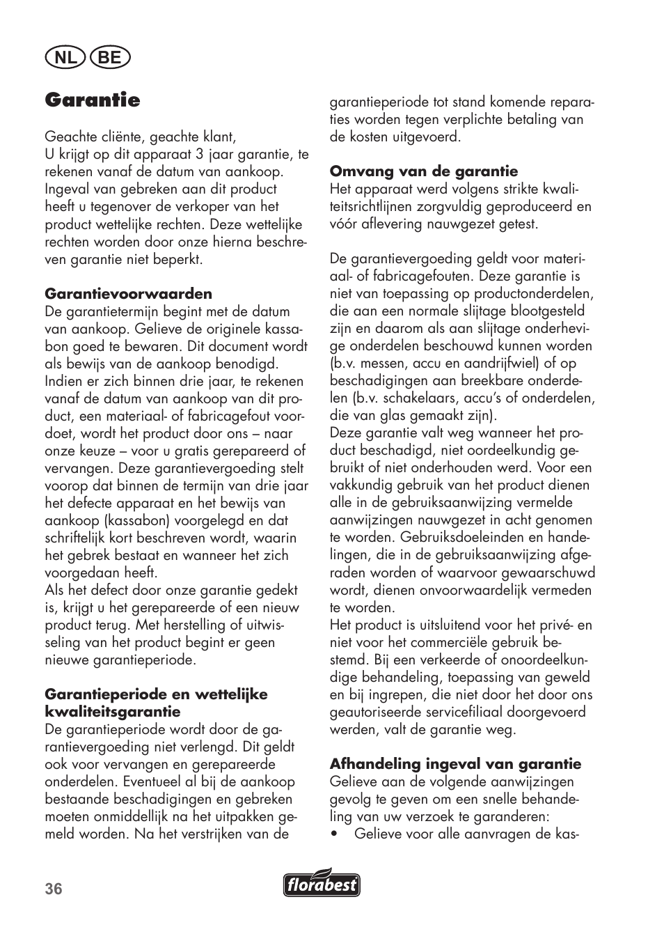 Garantie, Nl be | Florabest FAH 18 B2 User Manual | Page 36 / 74