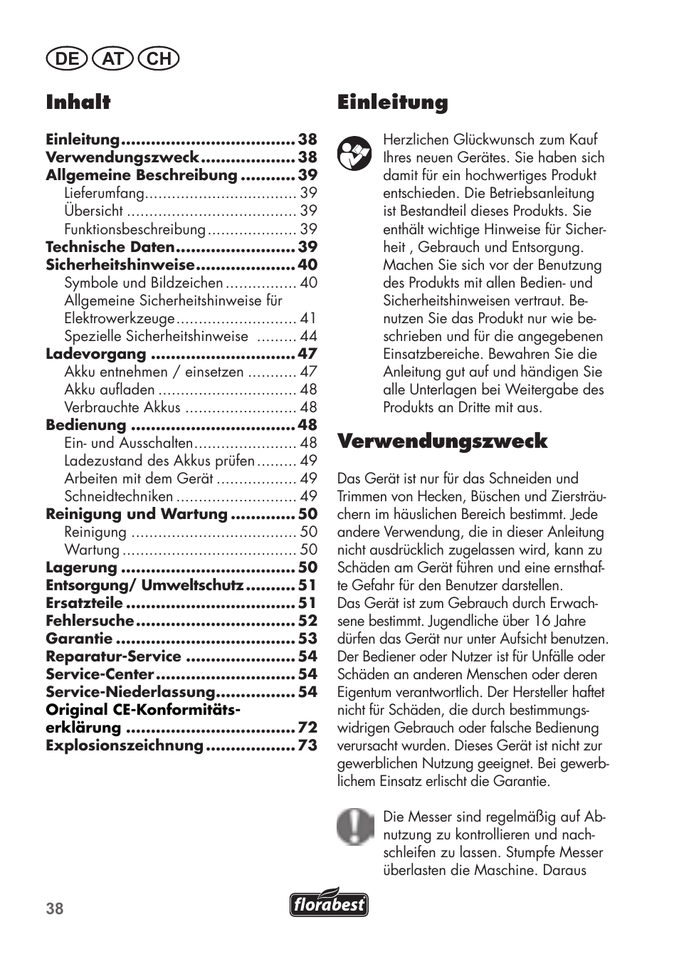 Inhalt, Einleitung, Verwendungszweck | De at ch | Florabest FAH 18 B2 User Manual | Page 38 / 74
