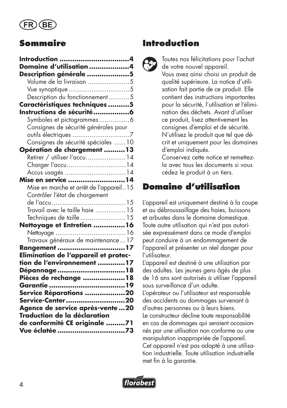 Introduction, Domaine d’utilisation, Sommaire | Fr be | Florabest FAH 18 B2 User Manual | Page 4 / 74