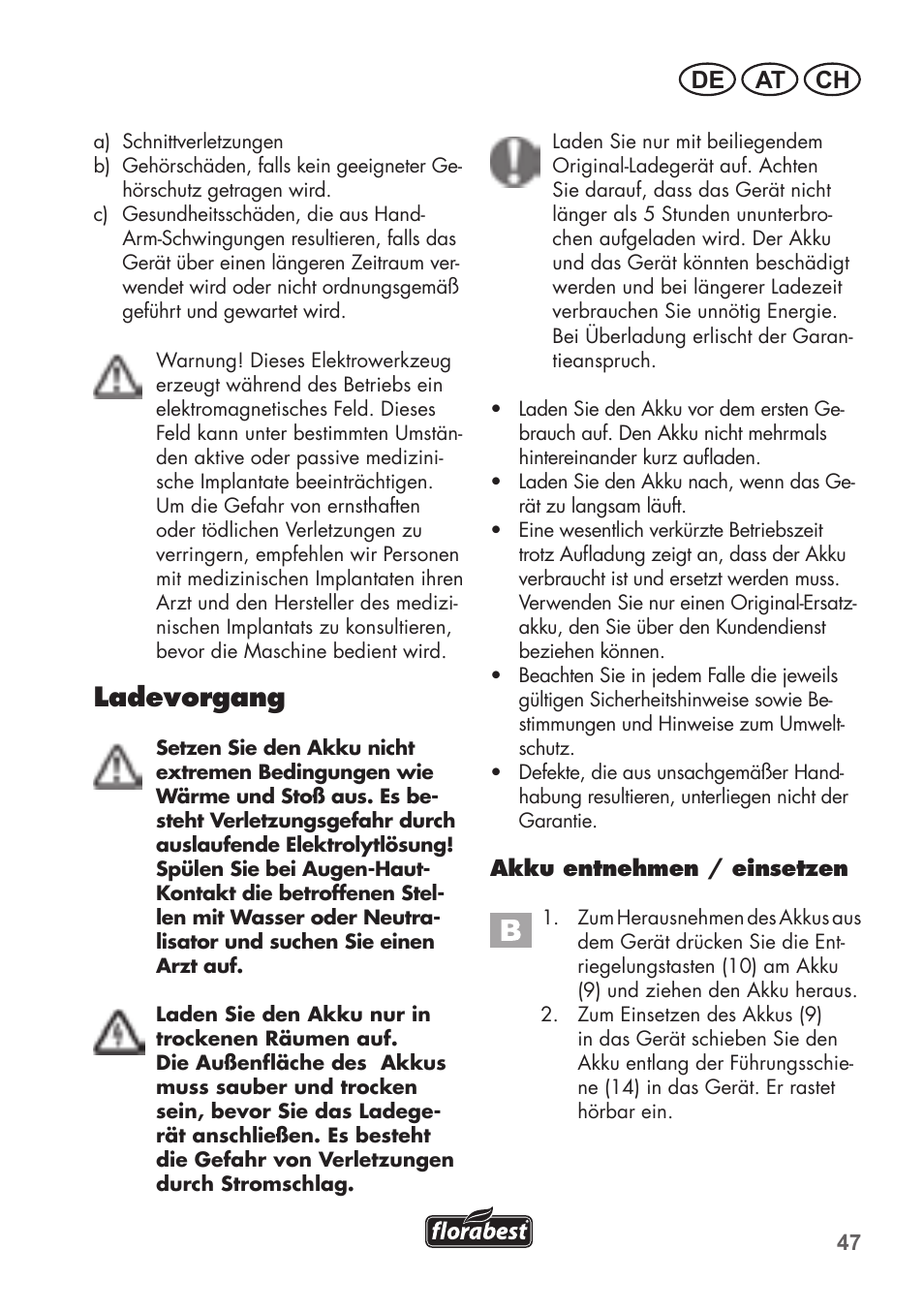 Ladevorgang, De at ch | Florabest FAH 18 B2 User Manual | Page 47 / 74