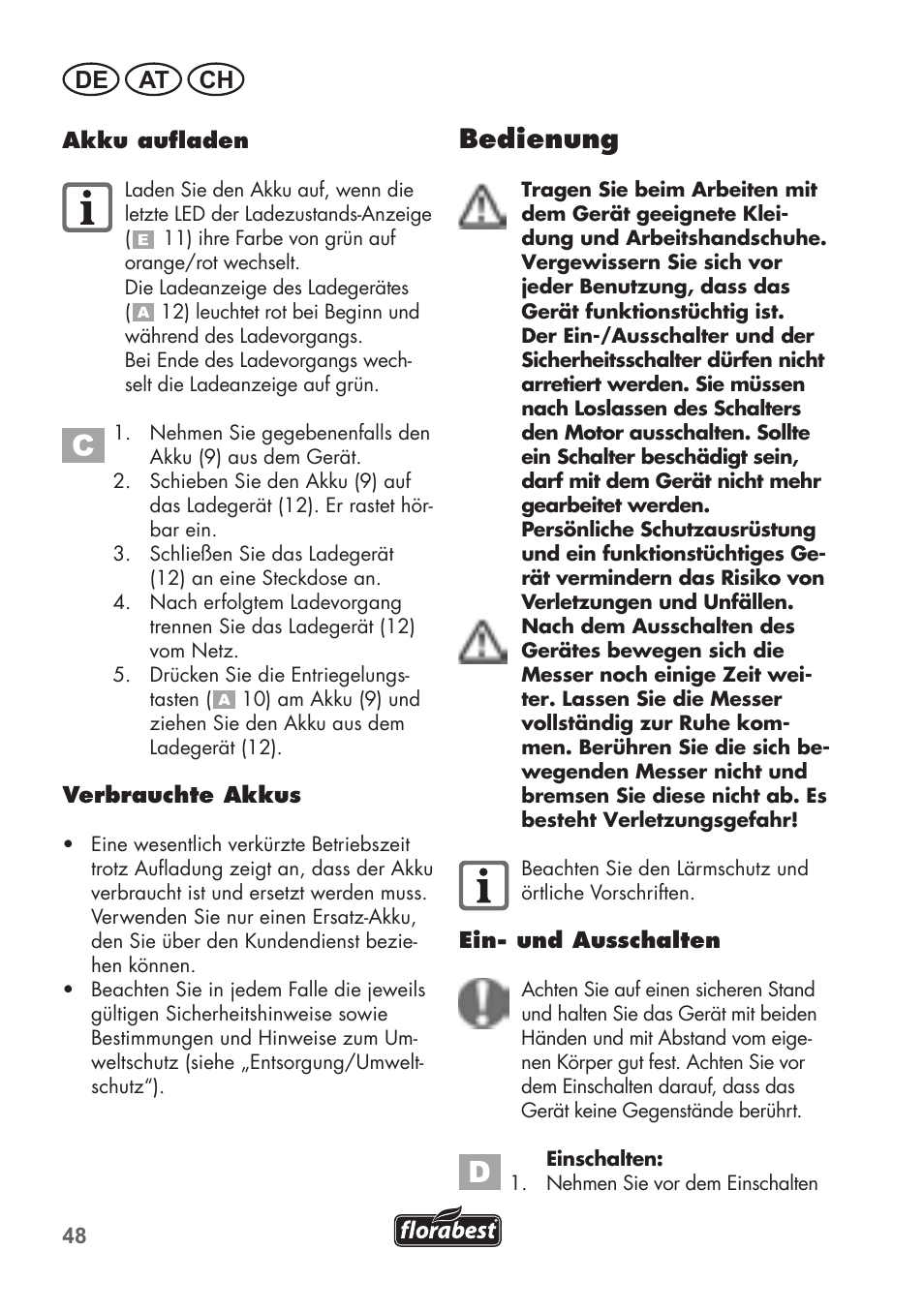Bedienung, De at ch | Florabest FAH 18 B2 User Manual | Page 48 / 74