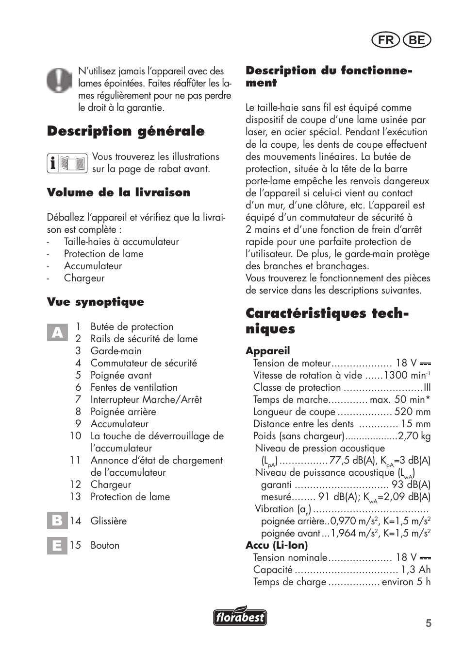 Description générale, Caractéristiques tech- niques, Fr be | Florabest FAH 18 B2 User Manual | Page 5 / 74