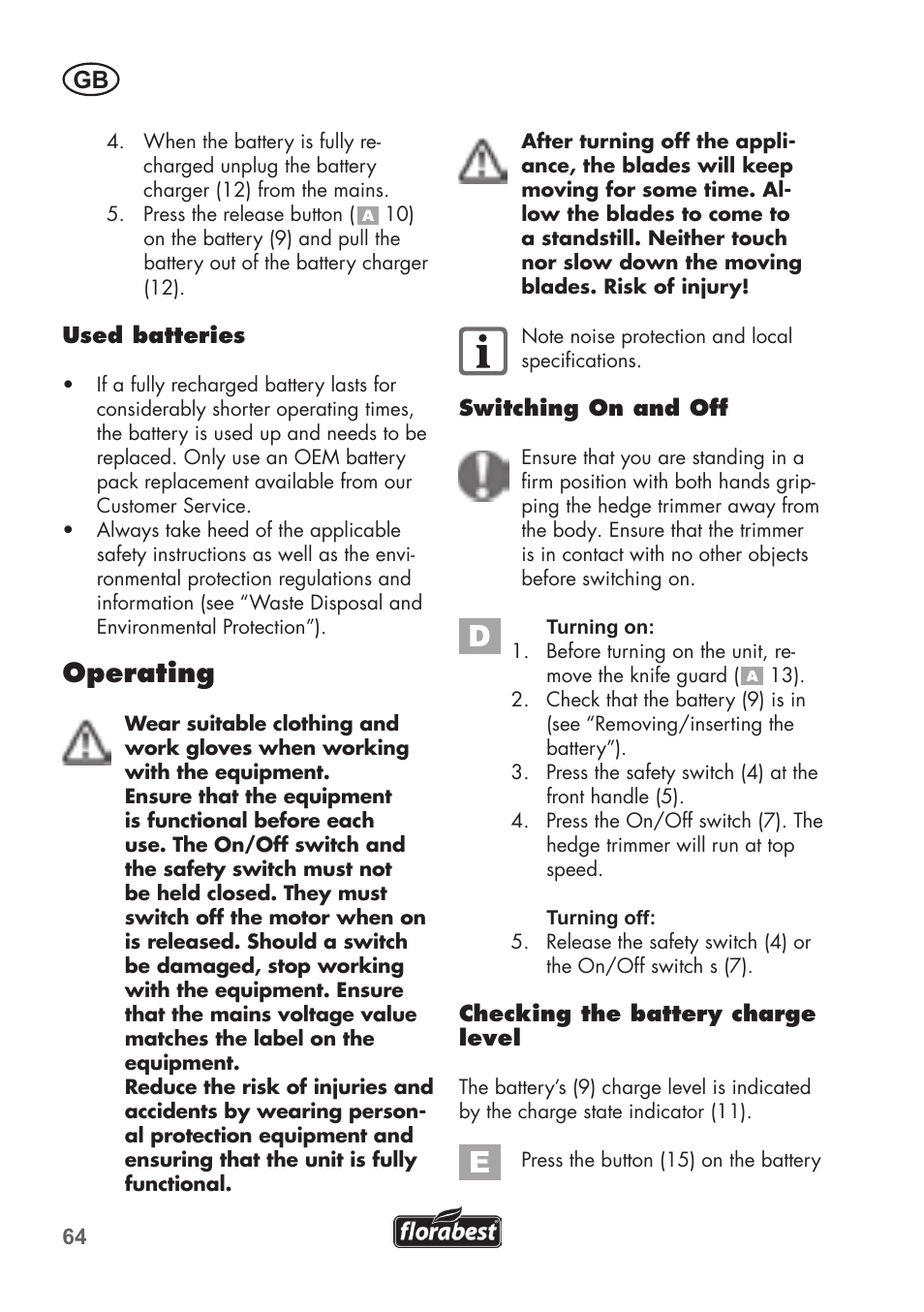 Operating | Florabest FAH 18 B2 User Manual | Page 64 / 74