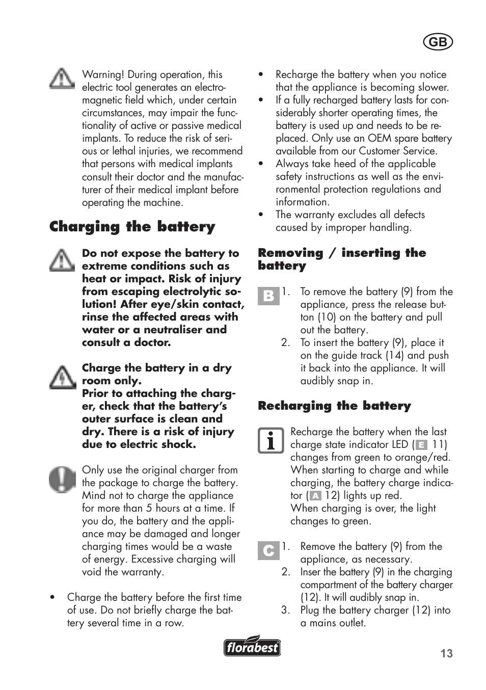 Charging the battery | Florabest FAH 18 B2 User Manual | Page 13 / 90