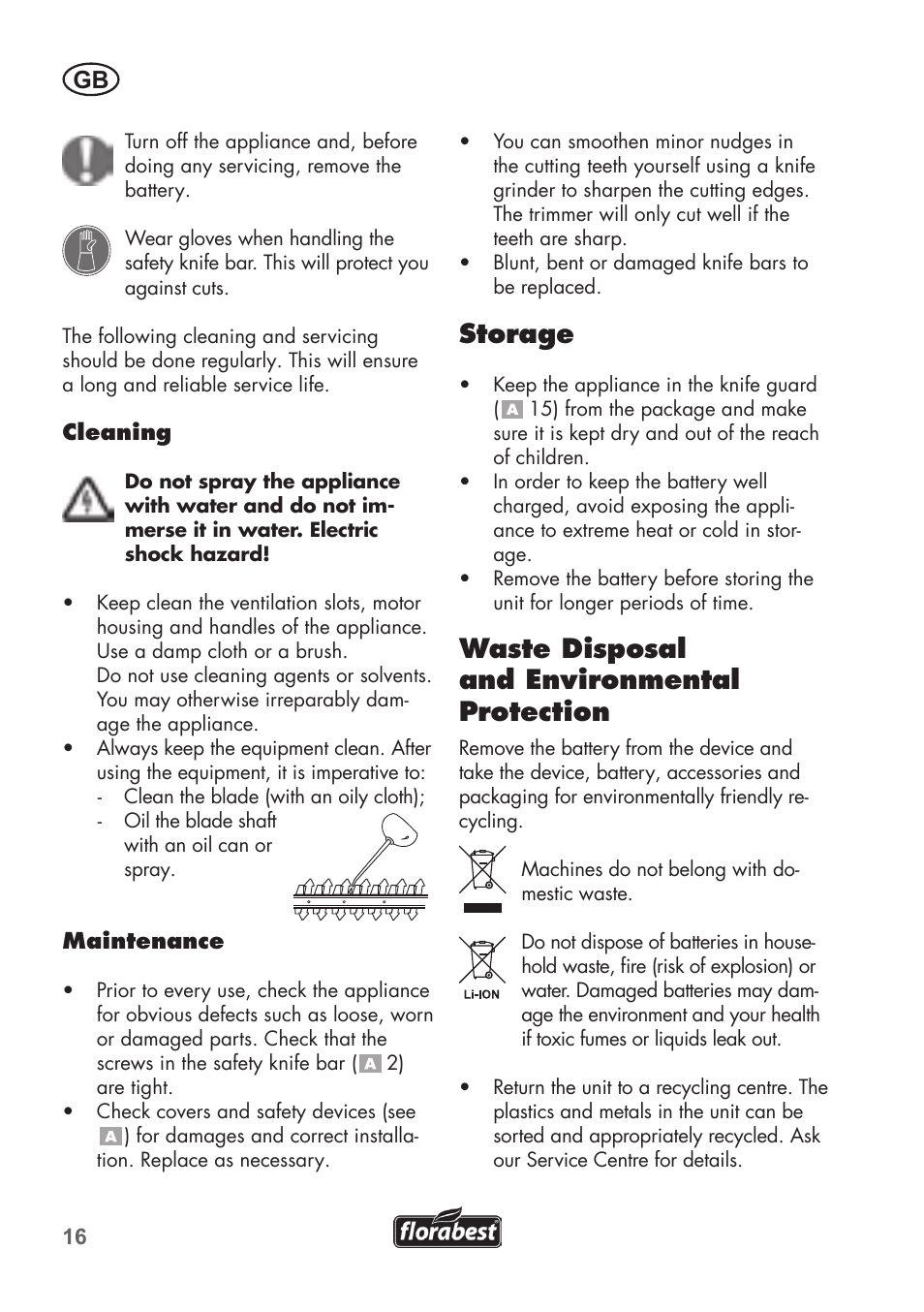 Storage, Waste disposal and environmental protection | Florabest FAH 18 B2 User Manual | Page 16 / 90