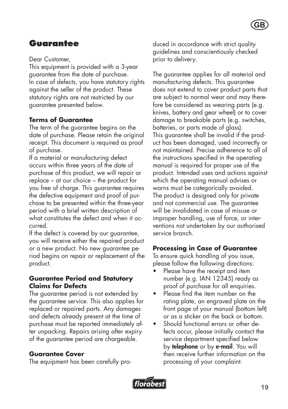 Guarantee | Florabest FAH 18 B2 User Manual | Page 19 / 90