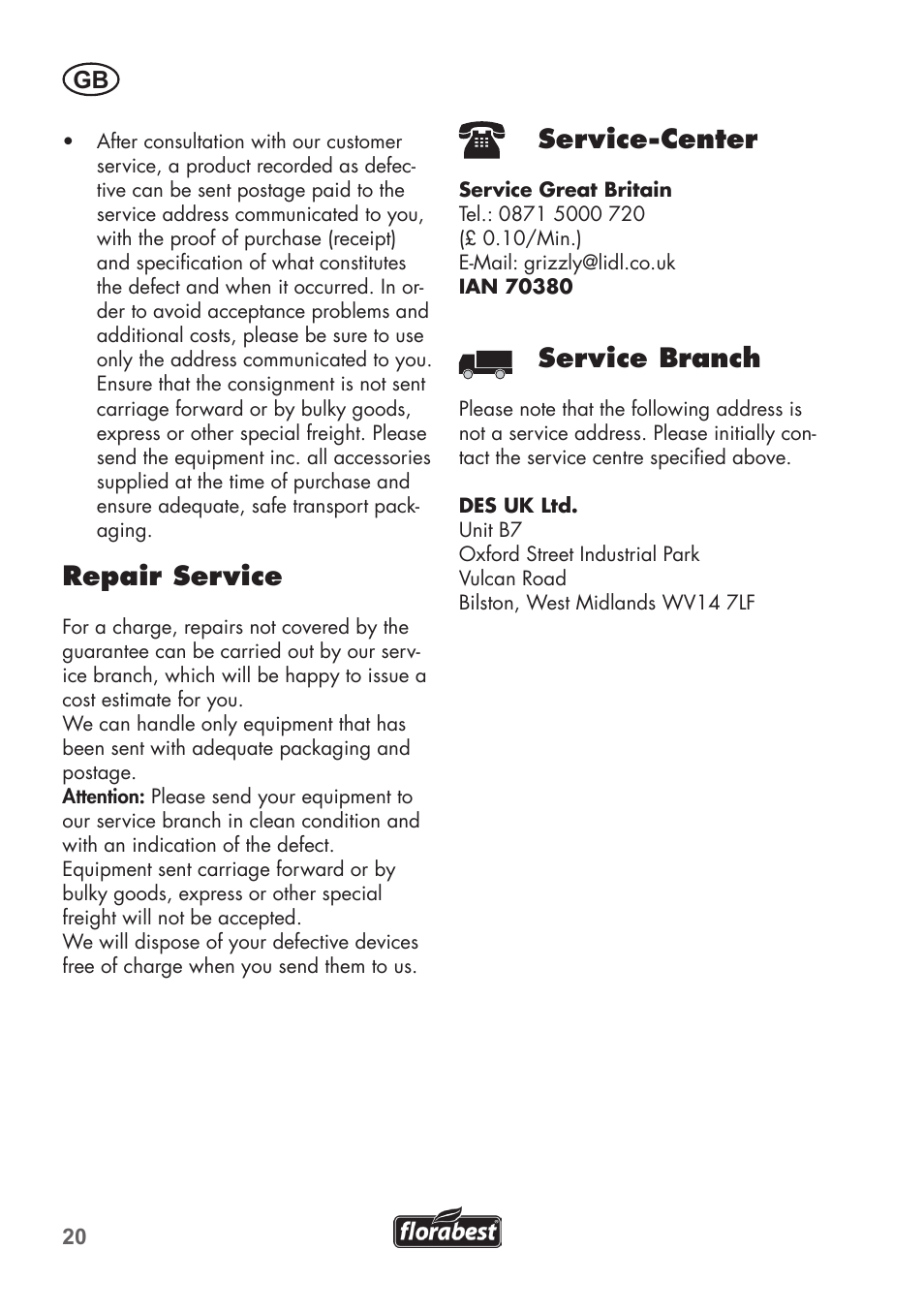 Service-center, Service branch, Repair service | Florabest FAH 18 B2 User Manual | Page 20 / 90