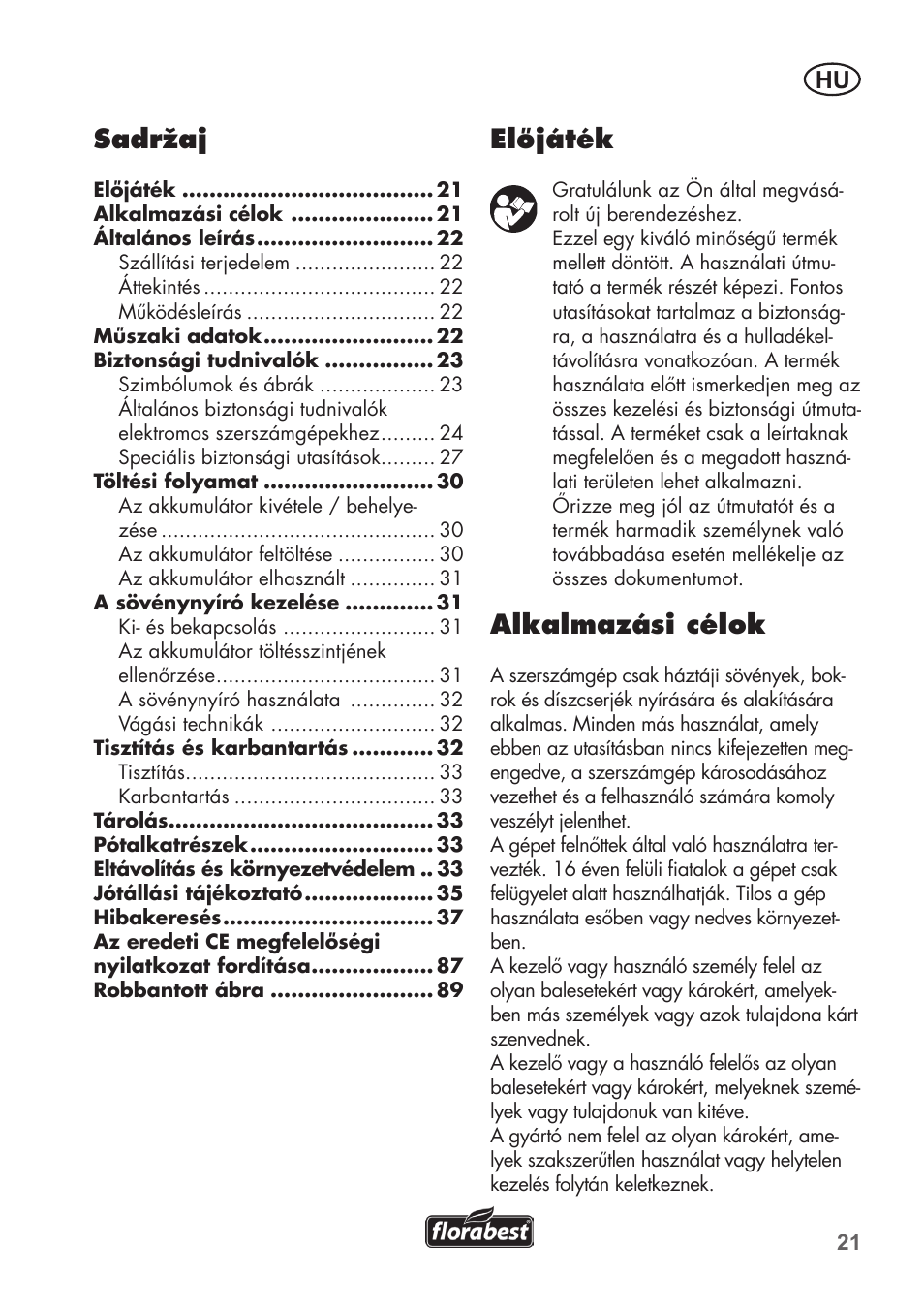 Sadržaj, Előjáték, Alkalmazási célok | Florabest FAH 18 B2 User Manual | Page 21 / 90