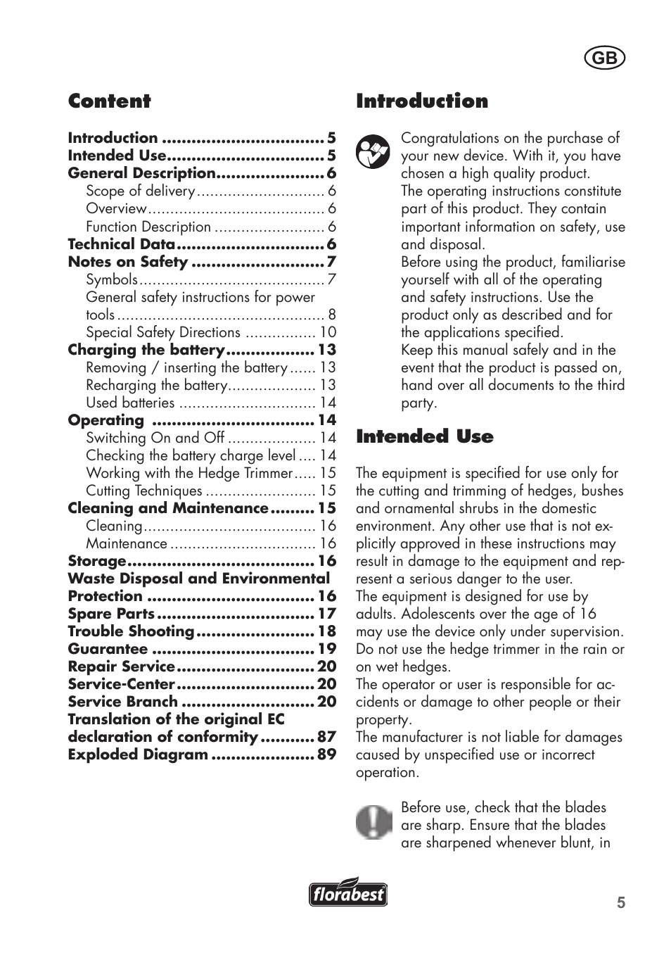 Content, Introduction, Intended use | Florabest FAH 18 B2 User Manual | Page 5 / 90