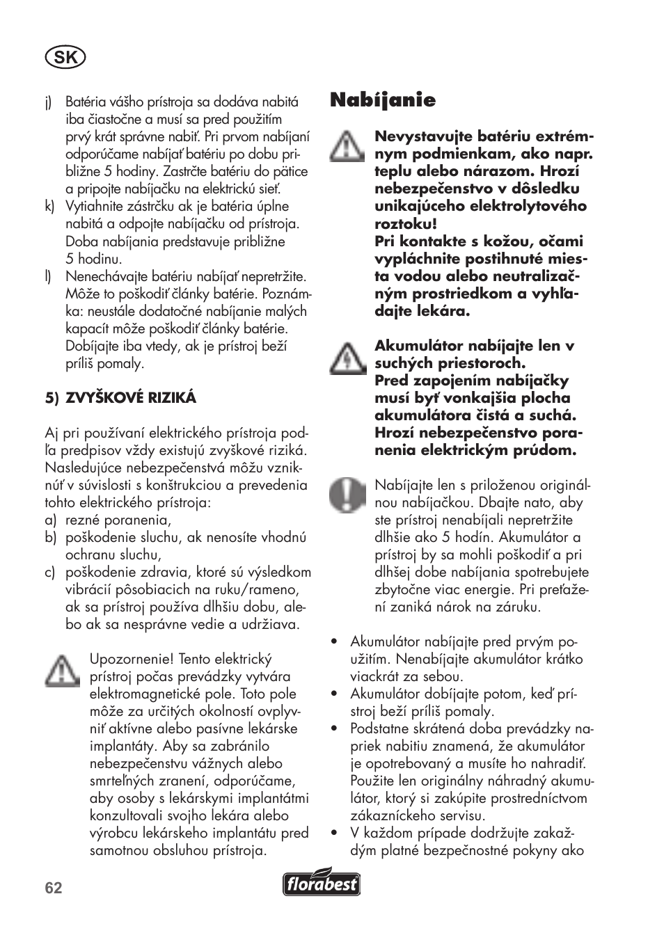 Nabíjanie | Florabest FAH 18 B2 User Manual | Page 62 / 90