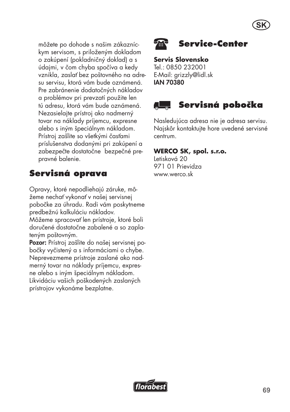 Servisná oprava, Service-center, Servisná pobočka | Florabest FAH 18 B2 User Manual | Page 69 / 90