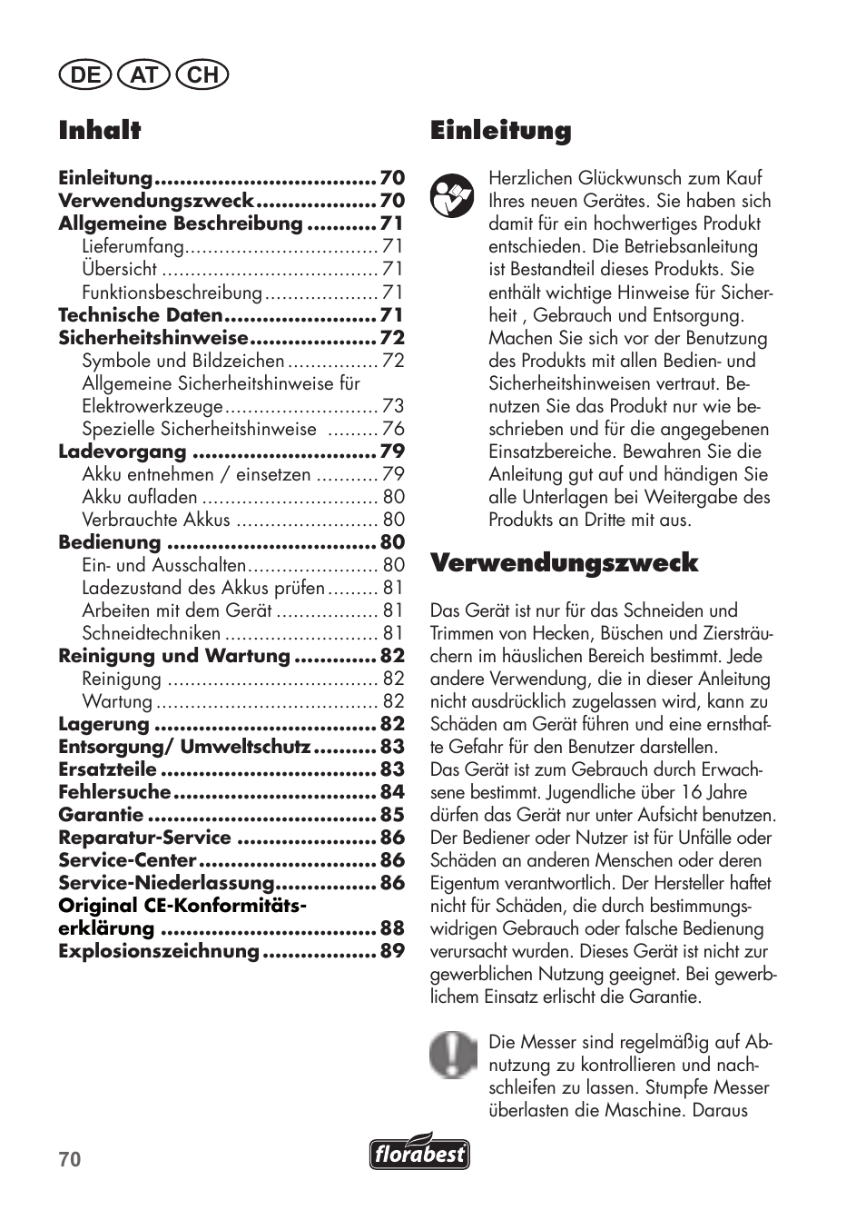 Inhalt, Einleitung, Verwendungszweck | De at ch | Florabest FAH 18 B2 User Manual | Page 70 / 90