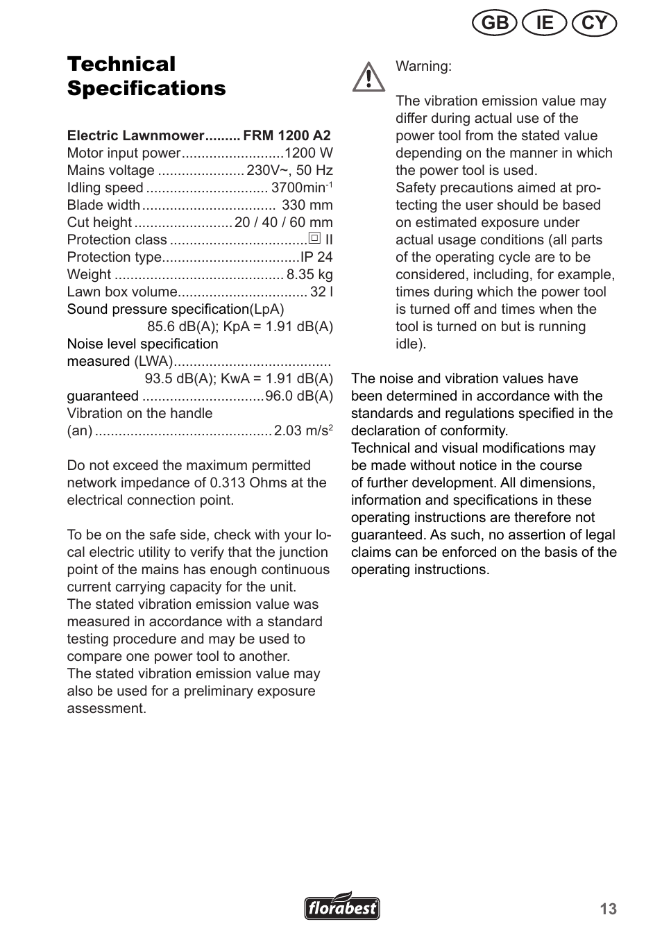 Technical specifications, Cy ie gb | Florabest FRM 1200 A2 User Manual | Page 13 / 30