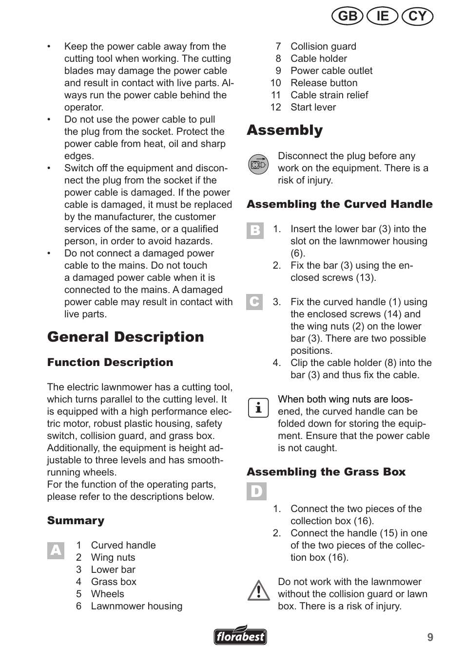 General description, Assembly, Cy ie gb | Florabest FRM 1200 A2 User Manual | Page 9 / 30