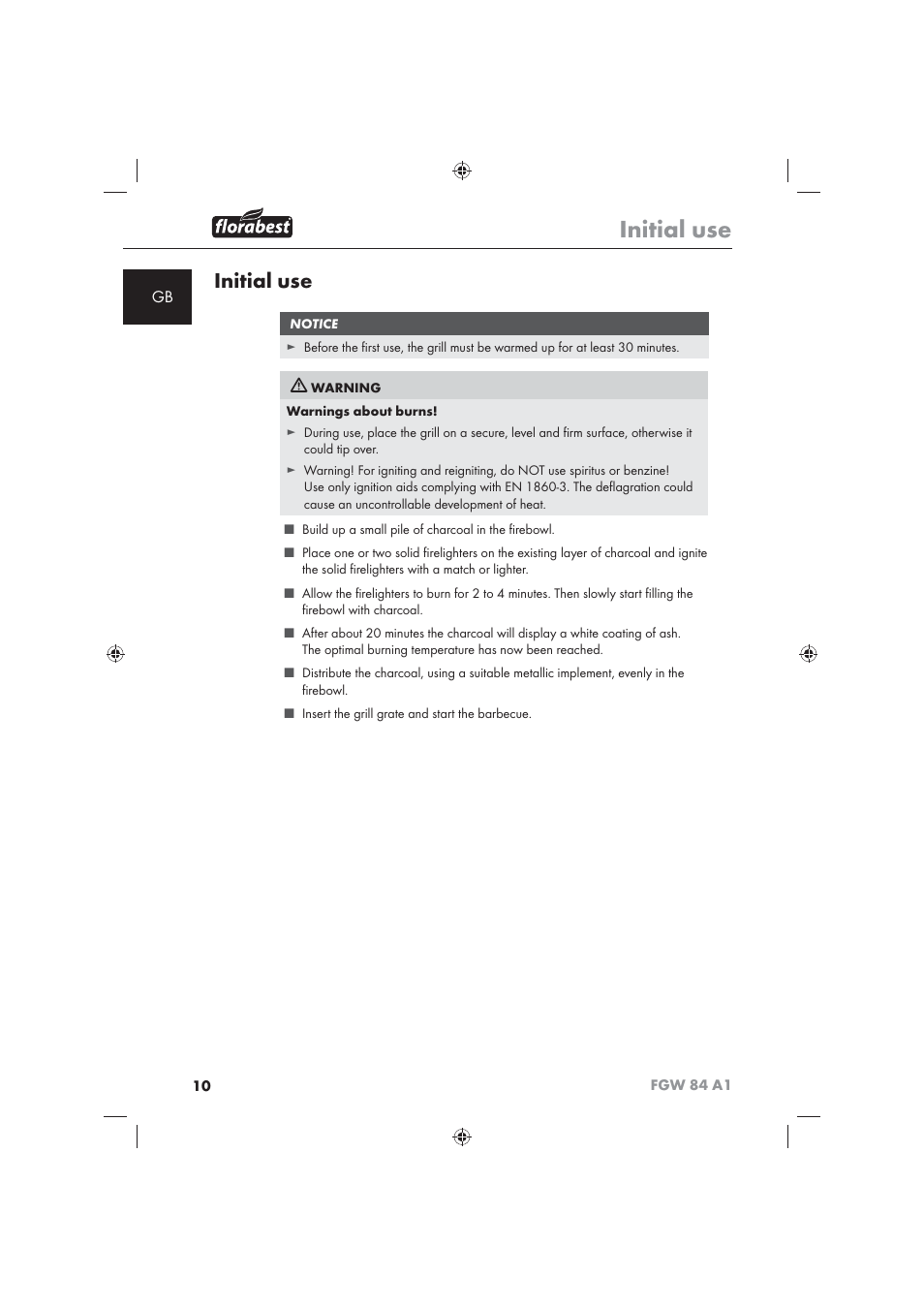 Initial use | Florabest FGW 84 A1 User Manual | Page 12 / 86