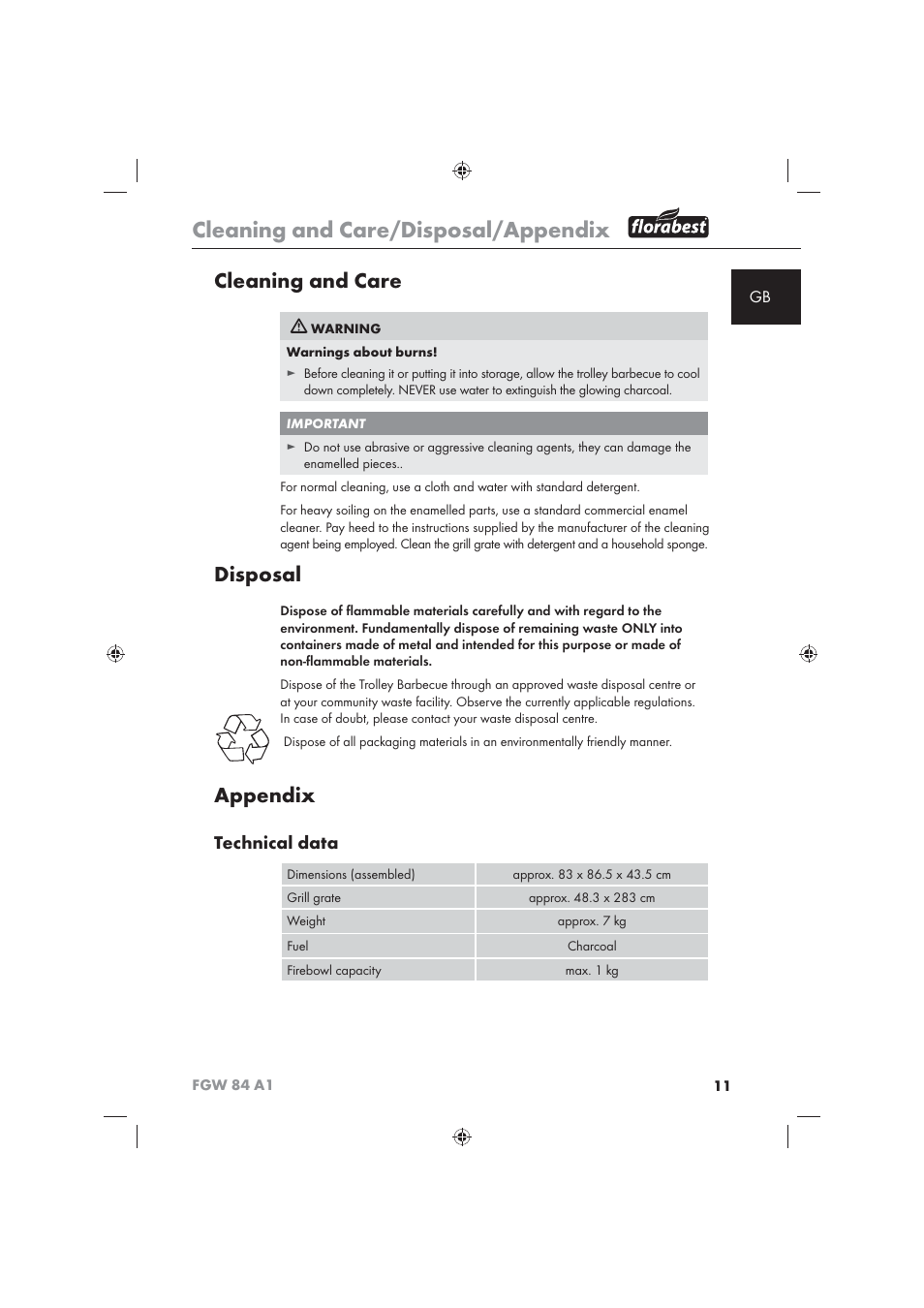 Cleaning and care/disposal/appendix, Cleaning and care, Disposal | Appendix, Technical data | Florabest FGW 84 A1 User Manual | Page 13 / 86
