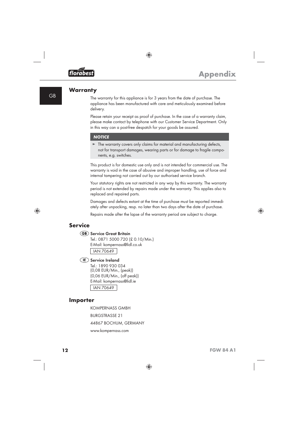 Appendix, Warranty, Service | Importer | Florabest FGW 84 A1 User Manual | Page 14 / 86