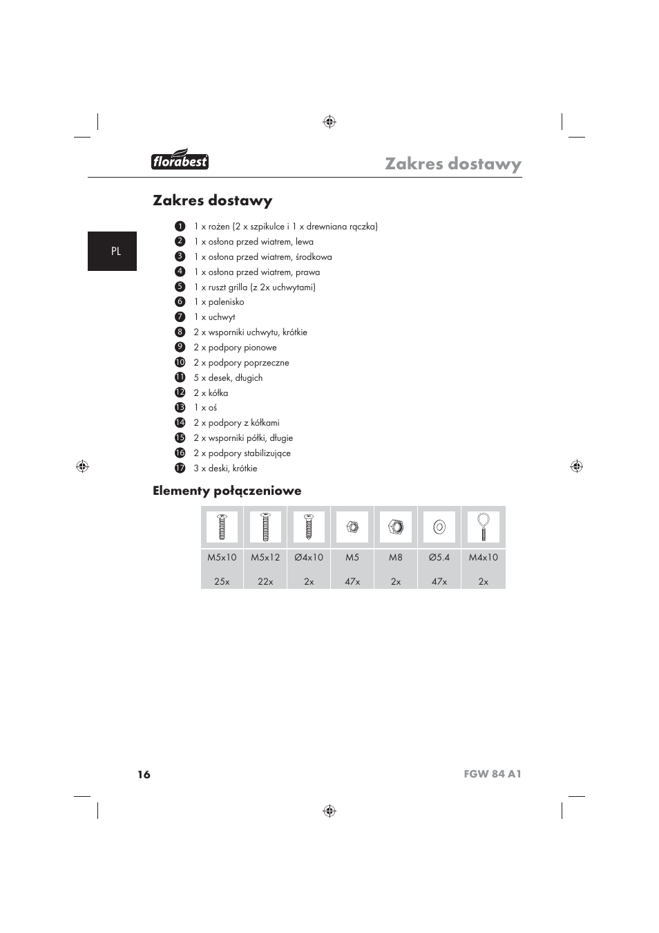 Zakres dostawy, Elementy połączeniowe | Florabest FGW 84 A1 User Manual | Page 18 / 86