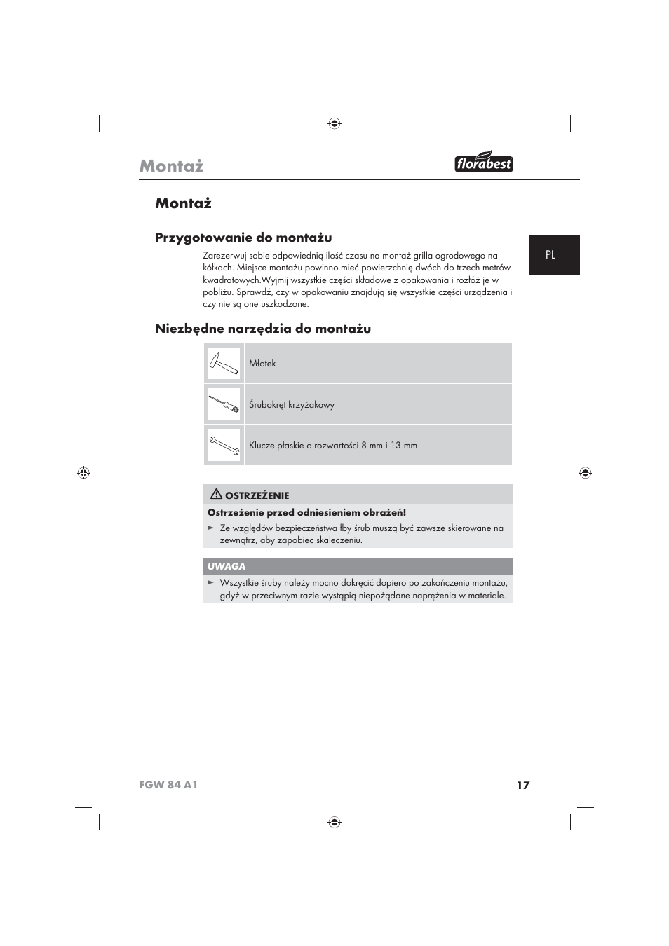 Montaż, Przygotowanie do montażu, Niezbędne narzędzia do montażu | Florabest FGW 84 A1 User Manual | Page 19 / 86