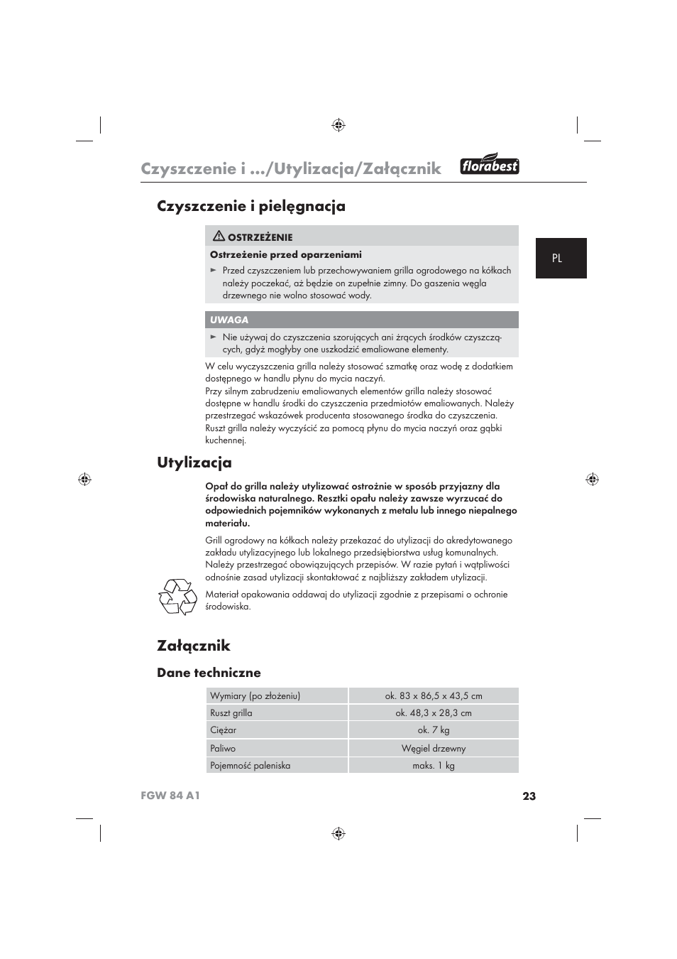 Czyszczenie i …/utylizacja/załącznik, Czyszczenie i pielęgnacja, Utylizacja | Załącznik, Dane techniczne | Florabest FGW 84 A1 User Manual | Page 25 / 86