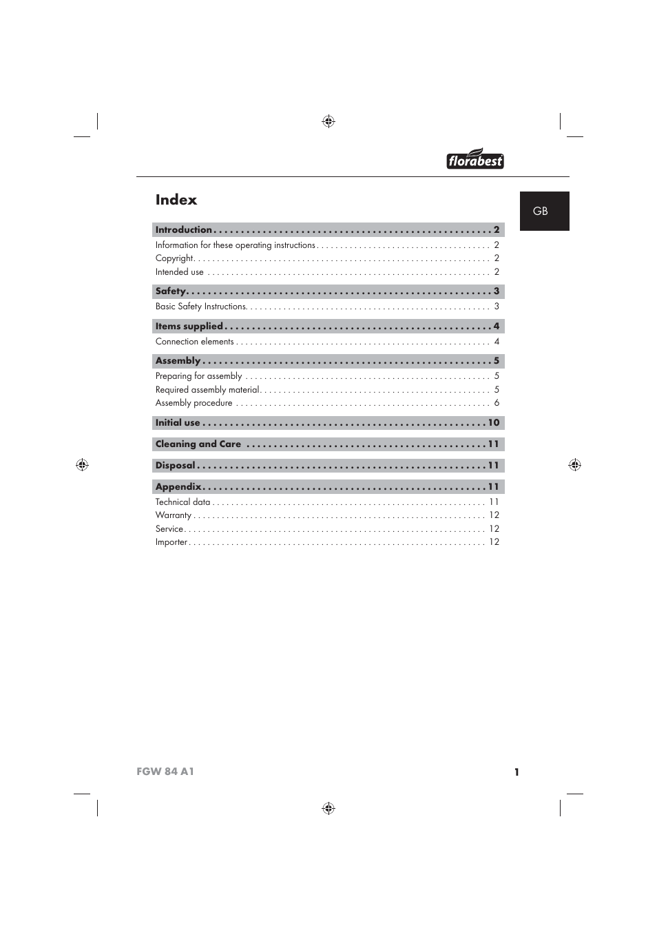 Index | Florabest FGW 84 A1 User Manual | Page 3 / 86