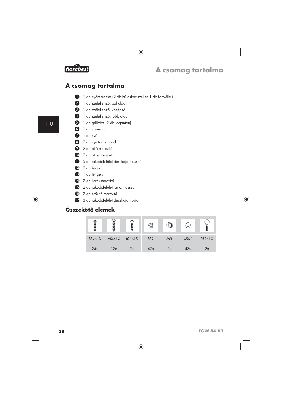 A csomag tartalma, Összekötő elemek | Florabest FGW 84 A1 User Manual | Page 30 / 86