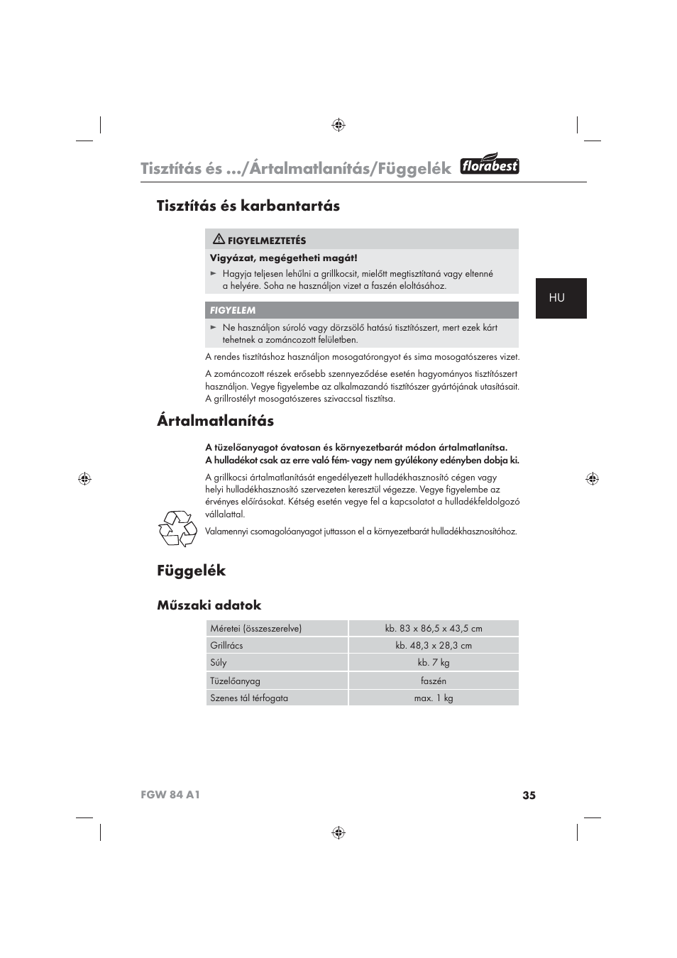 Tisztítás és …/ártalmatlanítás/függelék, Tisztítás és karbantartás, Ártalmatlanítás | Függelék, Műszaki adatok | Florabest FGW 84 A1 User Manual | Page 37 / 86