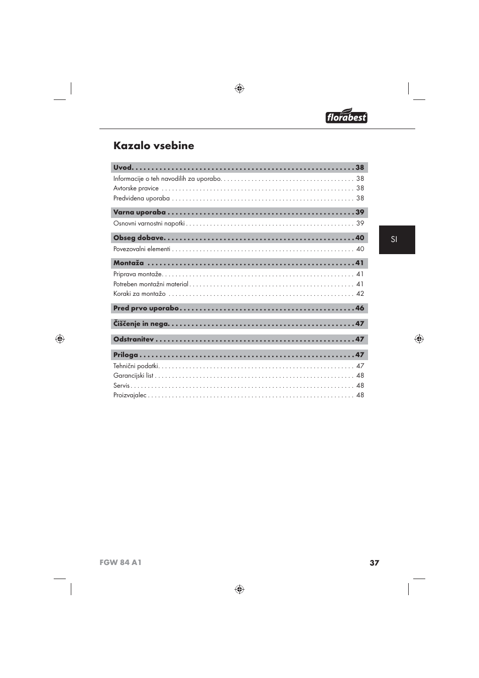 Kazalo vsebine | Florabest FGW 84 A1 User Manual | Page 39 / 86