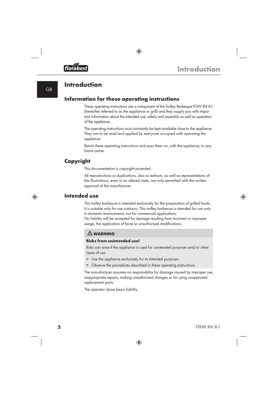 Introduction, Information for these operating instructions, Copyright | Intended use | Florabest FGW 84 A1 User Manual | Page 4 / 86