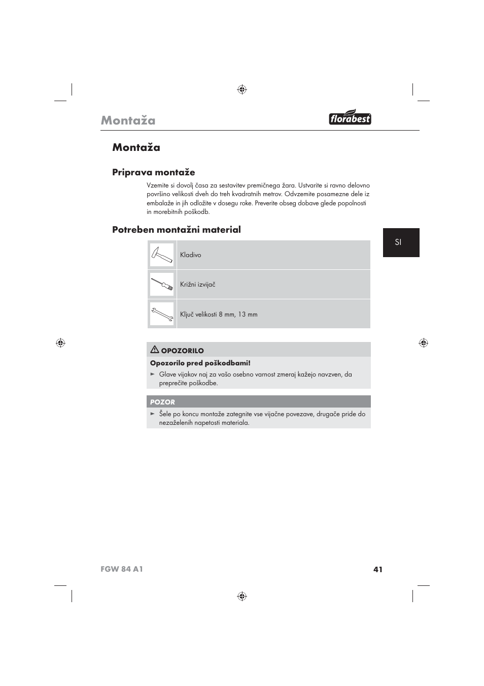 Montaža, Priprava montaže, Potreben montažni material | Florabest FGW 84 A1 User Manual | Page 43 / 86