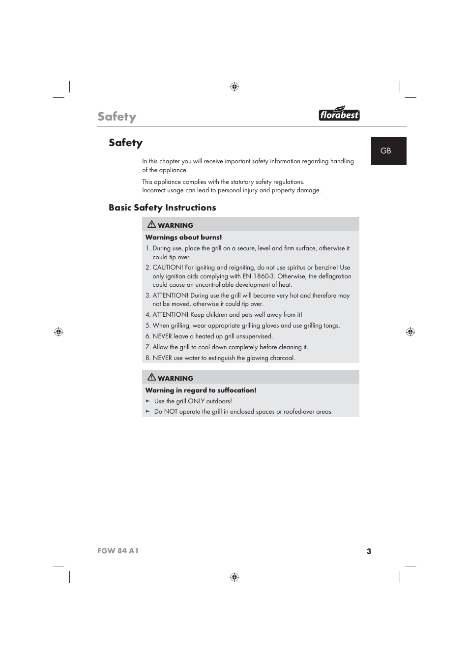Safety, Basic safety instructions | Florabest FGW 84 A1 User Manual | Page 5 / 86
