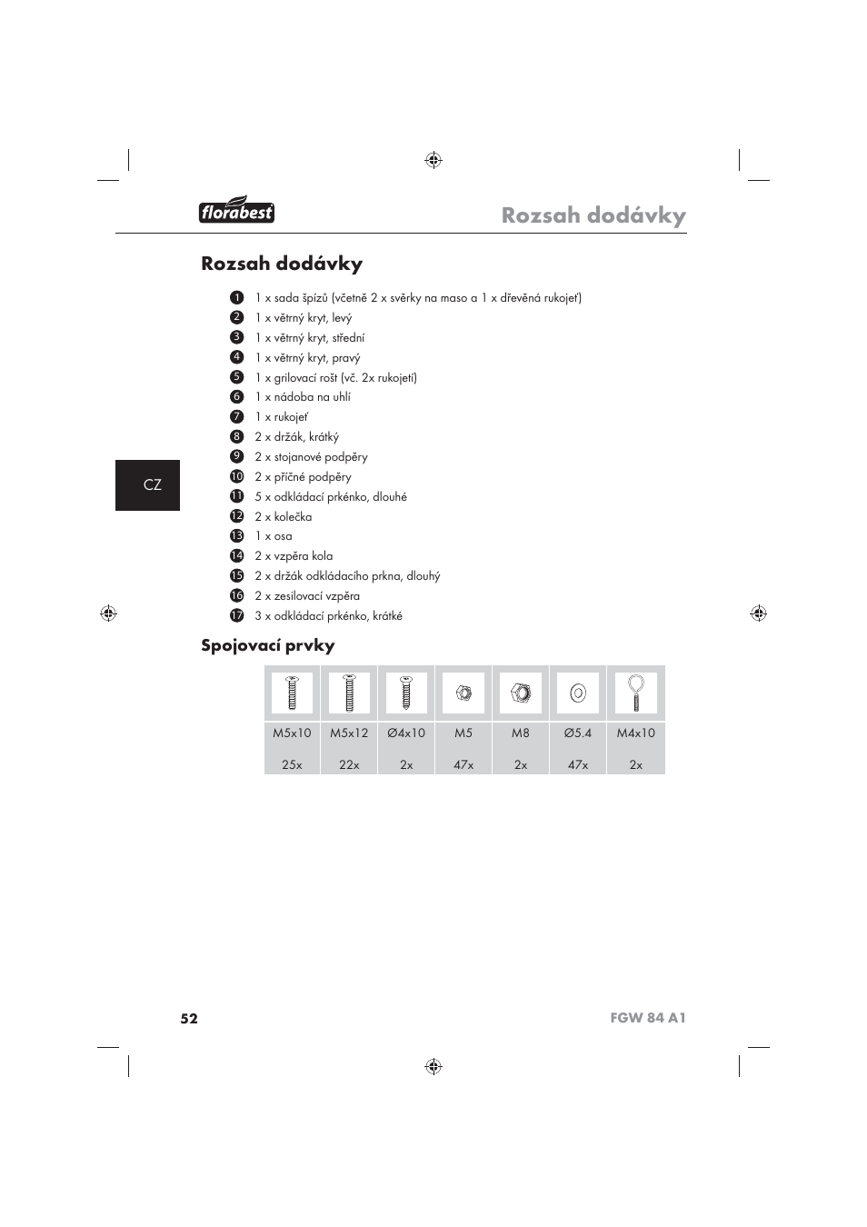 Rozsah dodávky, Spojovací prvky | Florabest FGW 84 A1 User Manual | Page 54 / 86