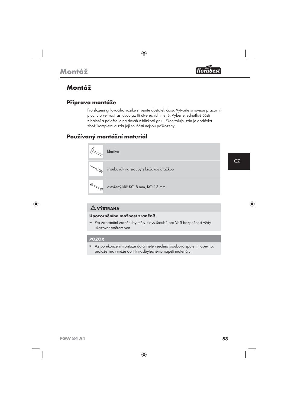 Montáž, Příprava montáže, Používaný montážní materiál | Florabest FGW 84 A1 User Manual | Page 55 / 86