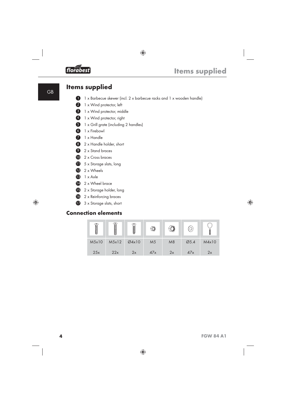 Items supplied, Connection elements | Florabest FGW 84 A1 User Manual | Page 6 / 86