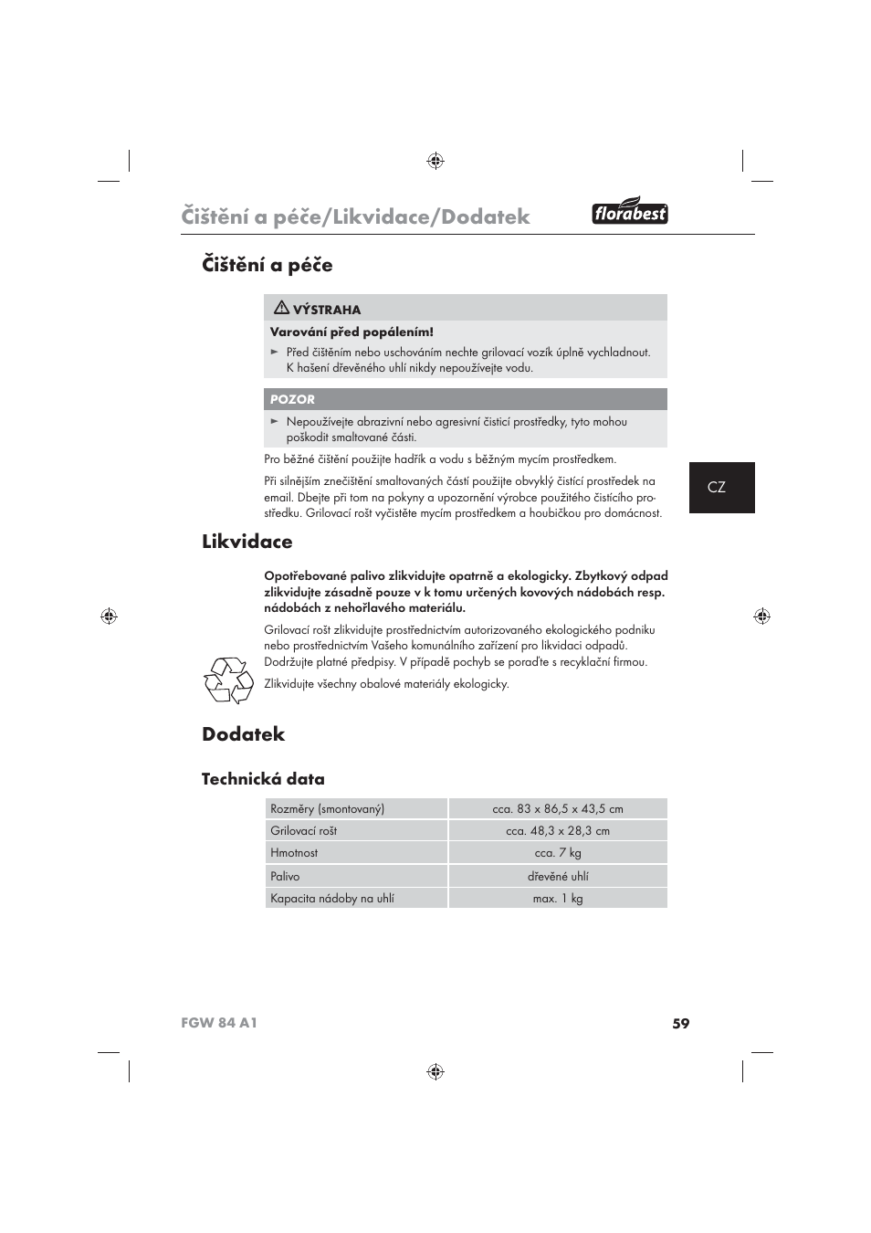 Čištění a péče/likvidace/dodatek, Čištění a péče, Likvidace | Dodatek, Technická data | Florabest FGW 84 A1 User Manual | Page 61 / 86