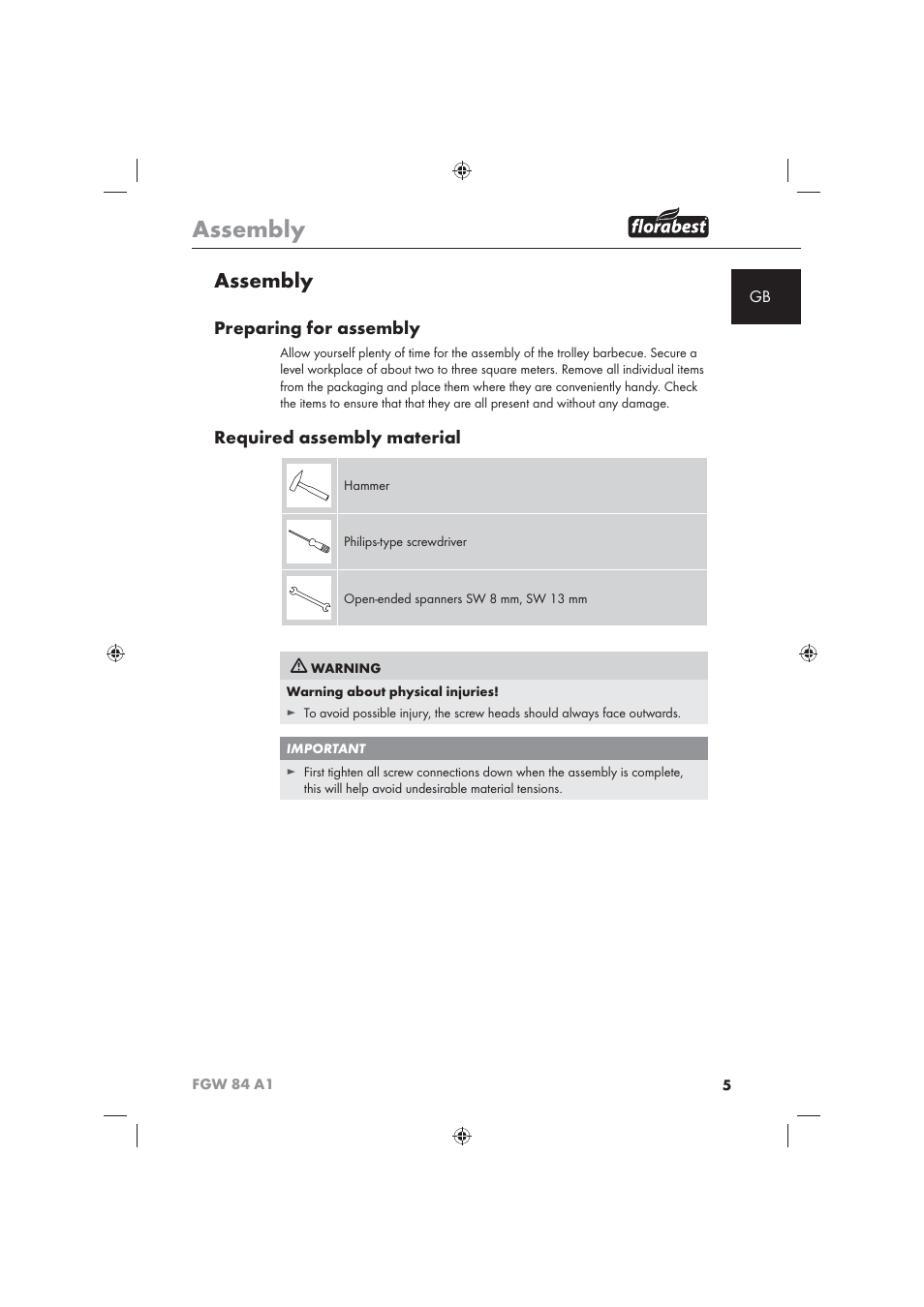 Assembly, Preparing for assembly, Required assembly material | Florabest FGW 84 A1 User Manual | Page 7 / 86