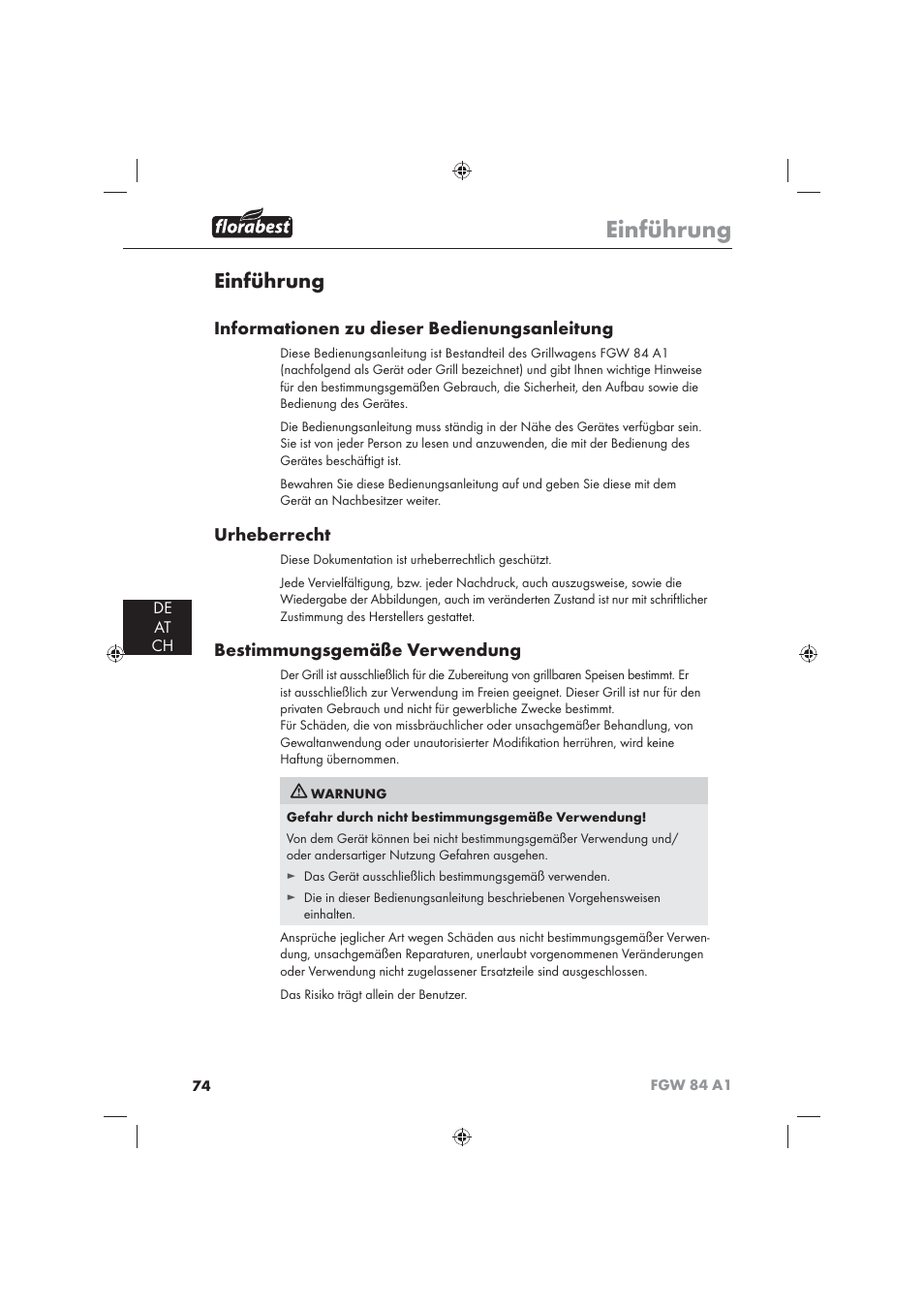Einführung, Informationen zu dieser bedienungsanleitung, Urheberrecht | Bestimmungsgemäße verwendung, De at ch | Florabest FGW 84 A1 User Manual | Page 76 / 86