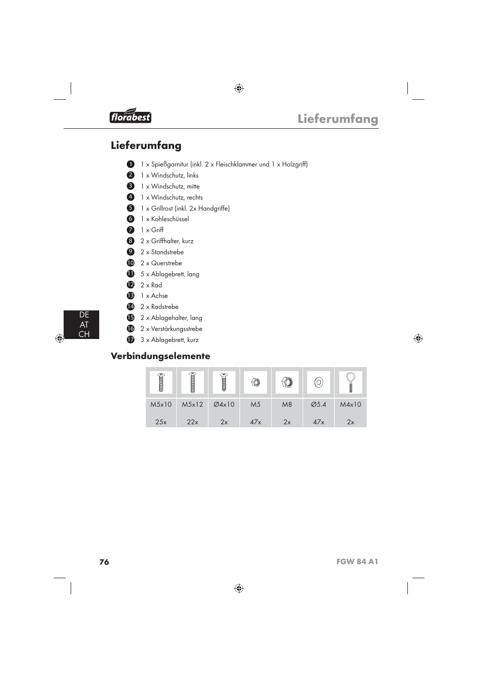 Lieferumfang, Verbindungselemente, De at ch | Florabest FGW 84 A1 User Manual | Page 78 / 86