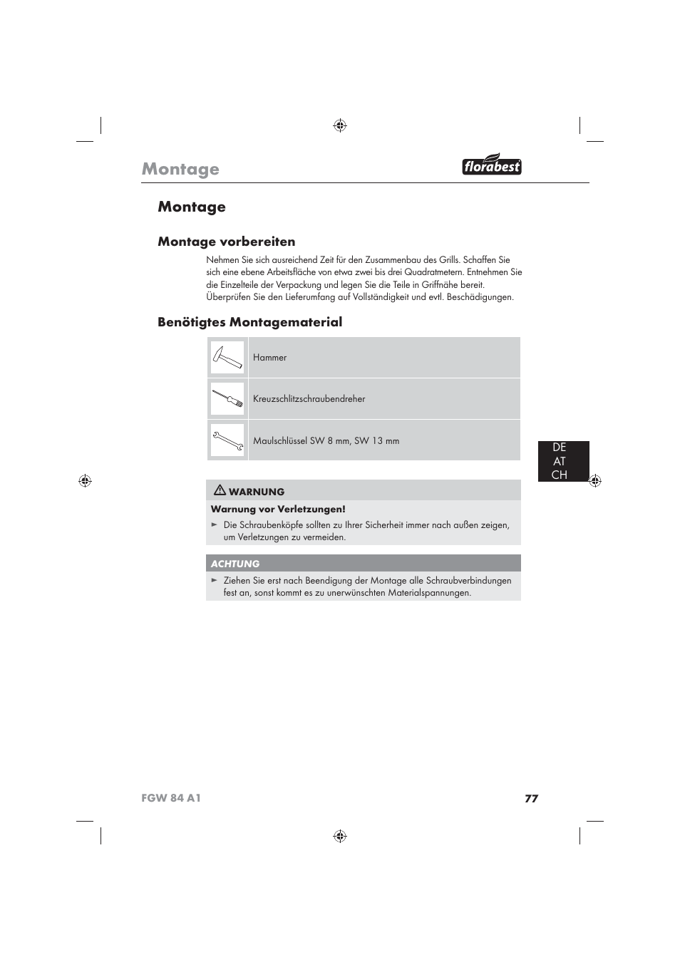 Montage, Montage vorbereiten, Benötigtes montagematerial | De at ch | Florabest FGW 84 A1 User Manual | Page 79 / 86