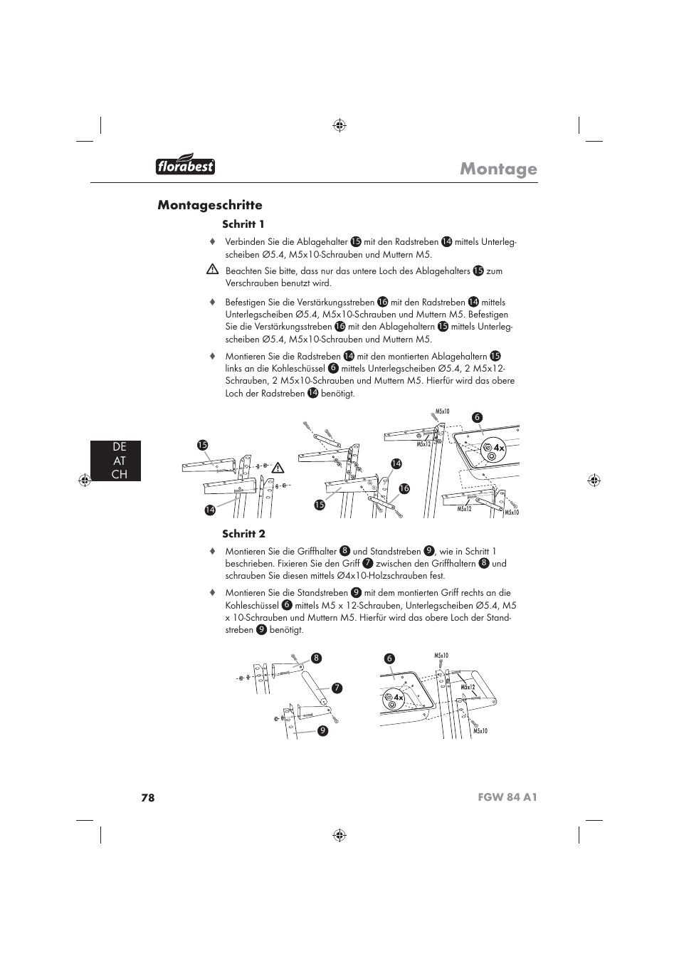 Montage, Montageschritte, De at ch | Florabest FGW 84 A1 User Manual | Page 80 / 86