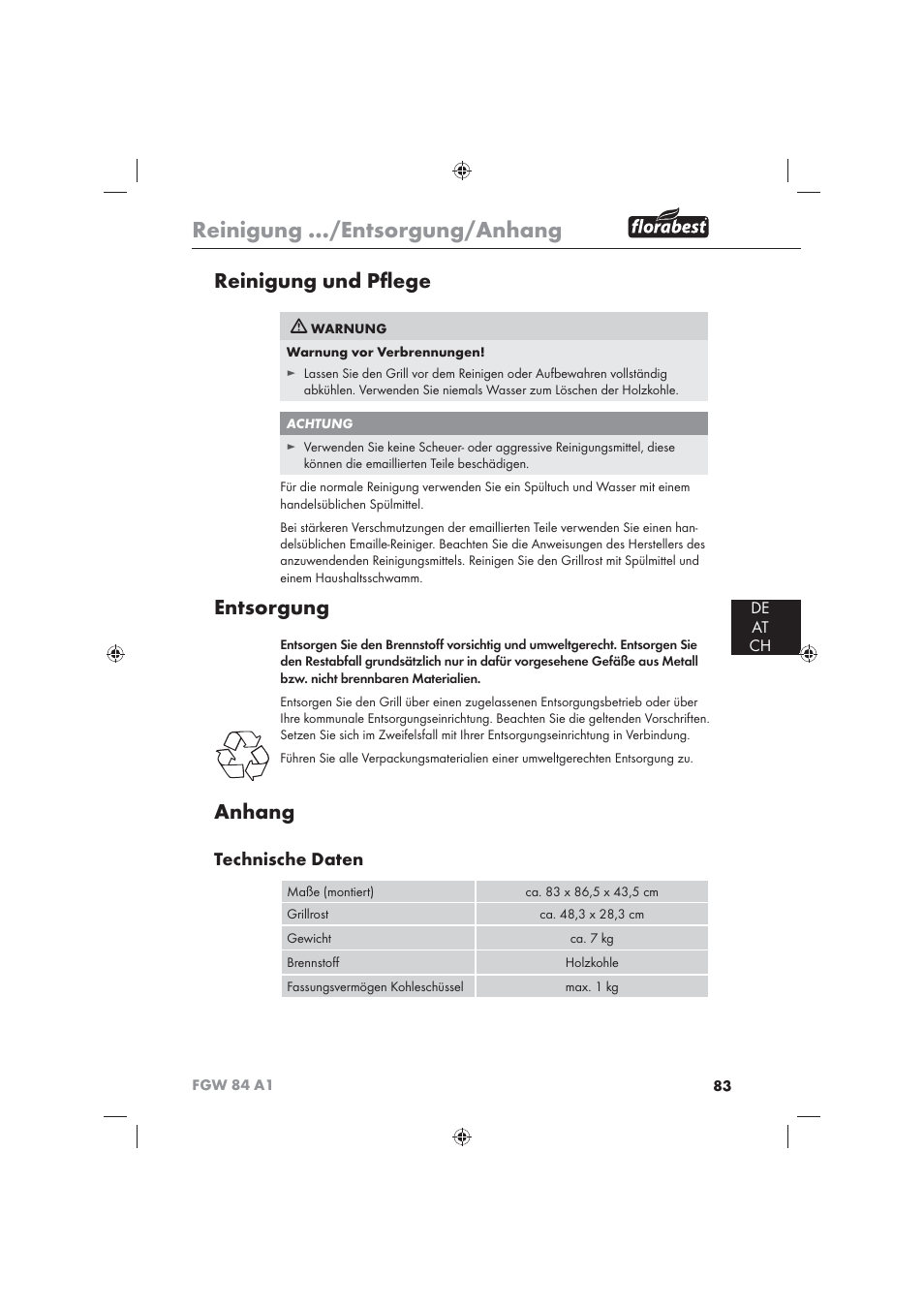 Reinigung …/entsorgung/anhang, Reinigung und pﬂ ege, Entsorgung | Anhang, Technische daten, De at ch | Florabest FGW 84 A1 User Manual | Page 85 / 86