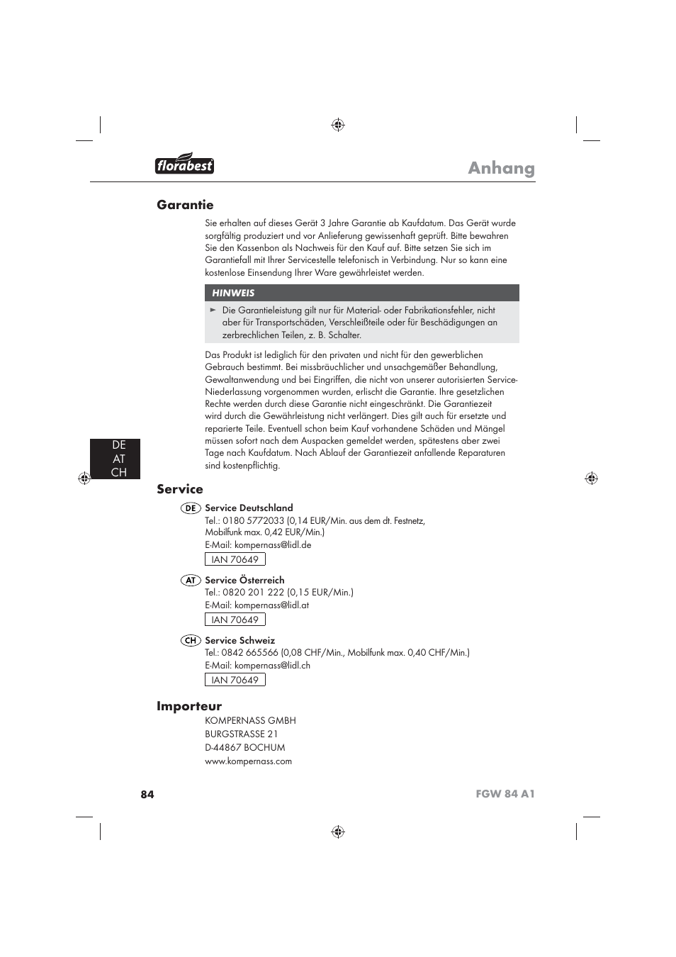Anhang, Garantie, Service | Importeur, De at ch | Florabest FGW 84 A1 User Manual | Page 86 / 86